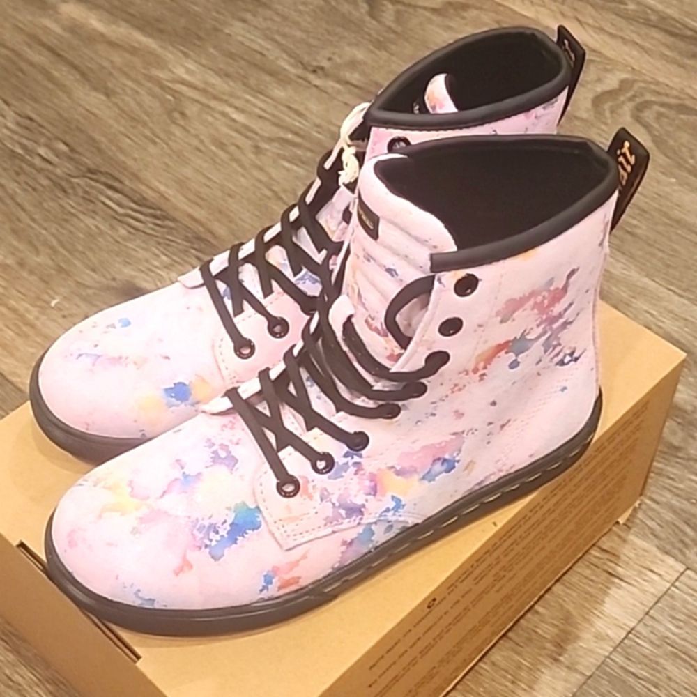 Dr. Martens Pink Multi-Color Paint-Splatter Combat Boots - Picture 9 of 14